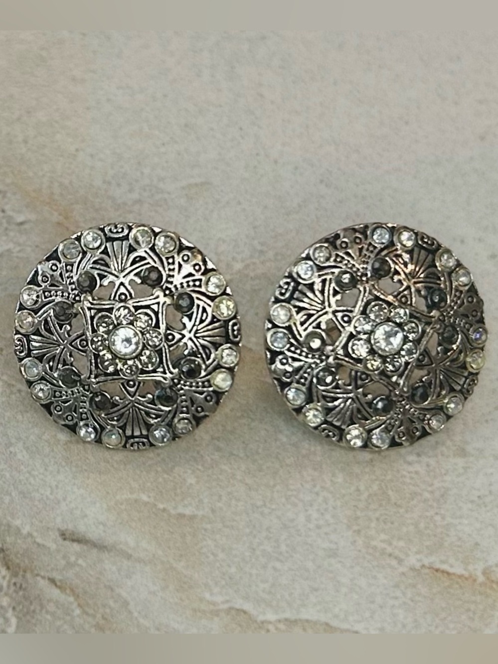 Vintage Avon Silver Toned Elaborate Round Clip On Statement Earrings